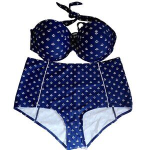 Bikini Set Navy Anchor Print High-Waist Bottom Halter Top Vintage Inspired Retro